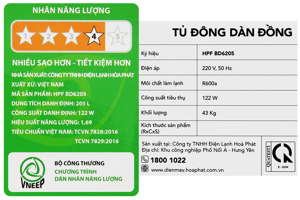 Tủ đông Hòa Phát 2 ngăn 205 lít HPF BD6205